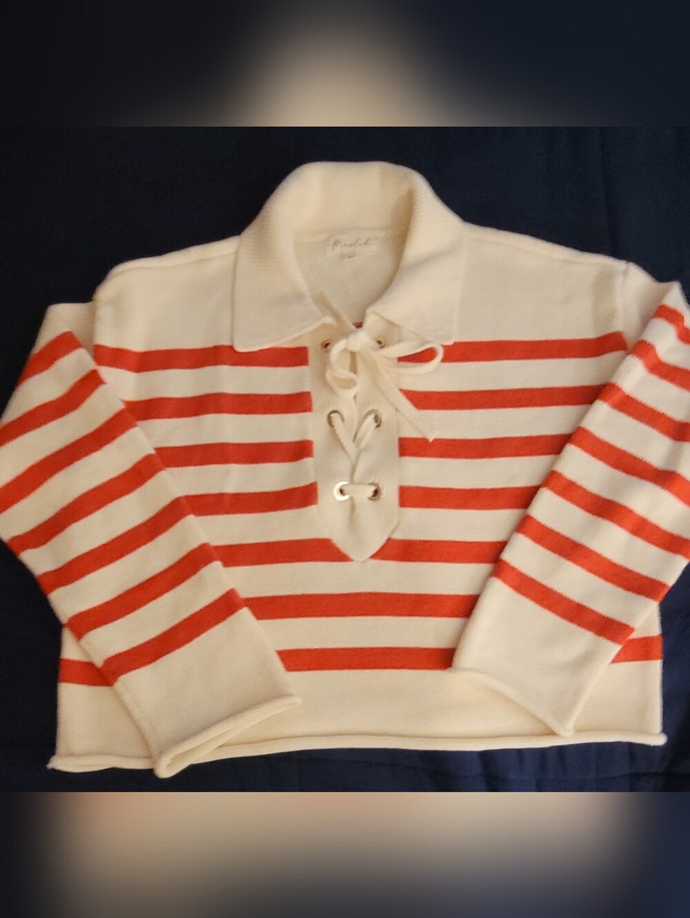 Marled Red and White Striped Lace Up Sweater, Size L